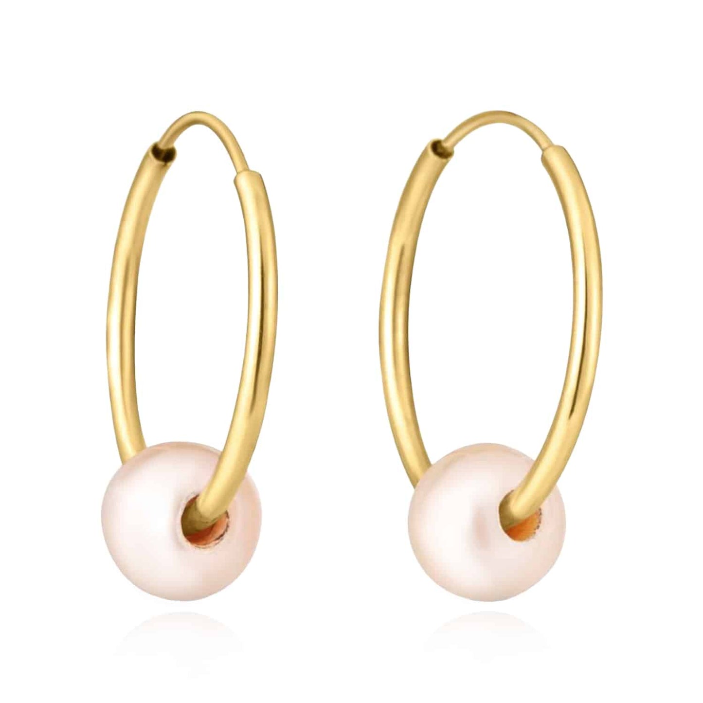 14K Real Gold Cultured Pearl Hinged Hoop Earrings 15mm-25mm