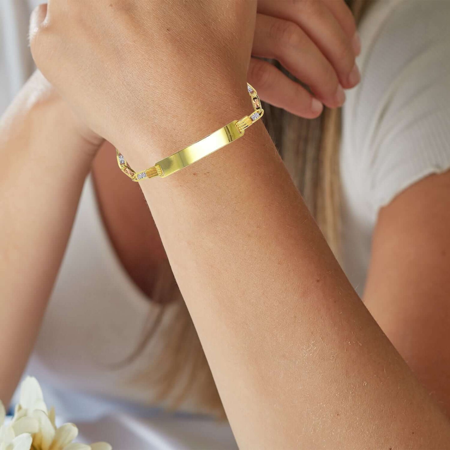 Engravable 14K Real Gold Tri-Color Personalized Valentino ID Bracelet 6" 7"