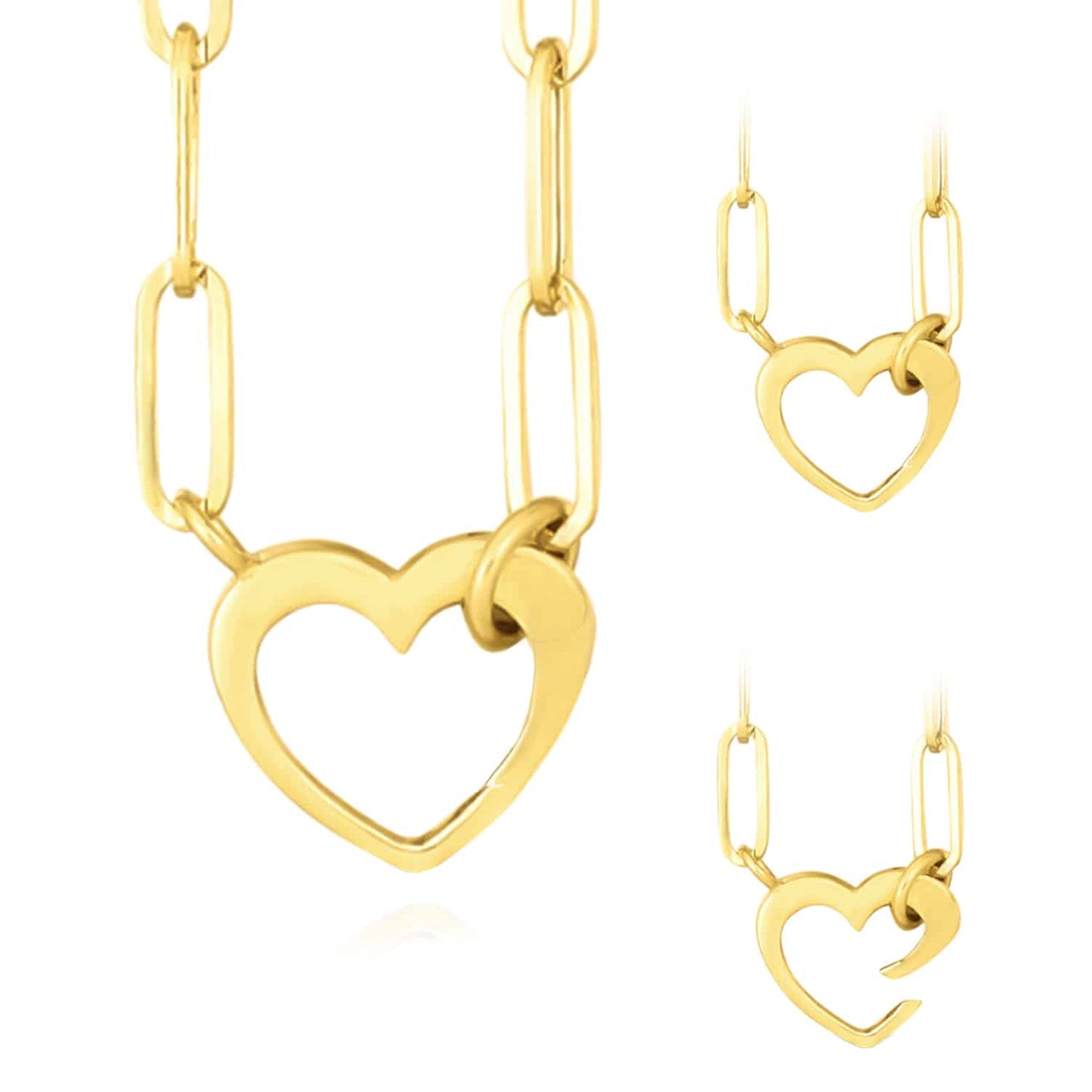 14K Real Gold 3.5mm Paperclip Split Heart Pendant Necklace 18"