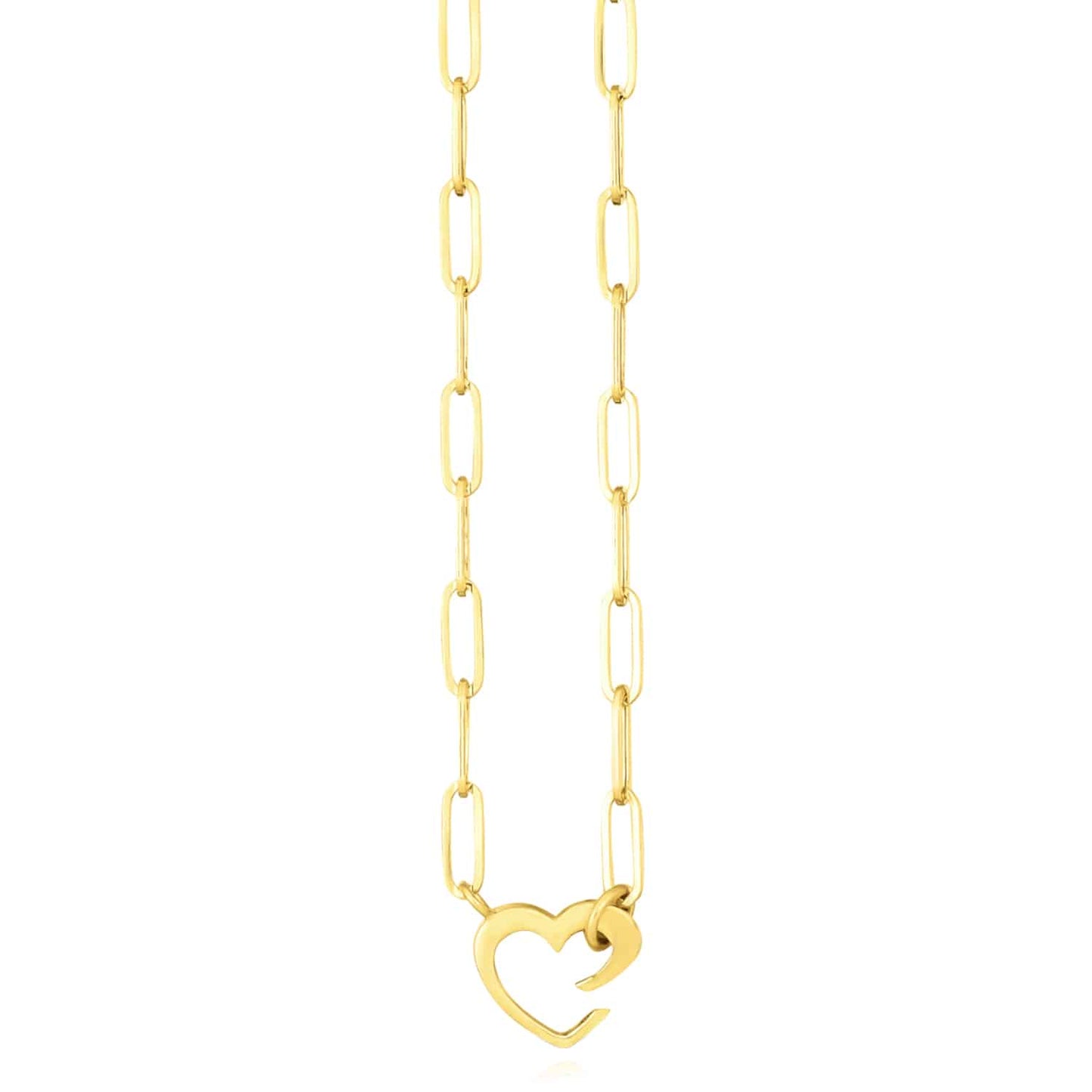 14K Real Gold 3.5mm Paperclip Split Heart Pendant Necklace 18"