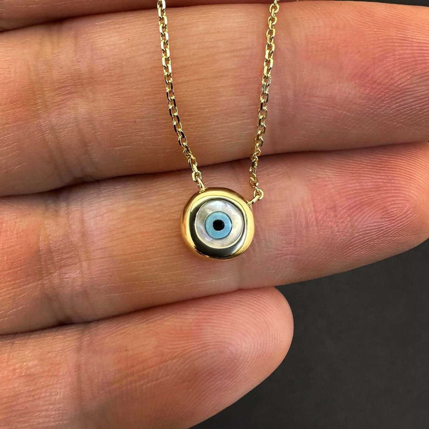 14K Real Gold Round Halo Cultured Pearl Evil Eye Pendant Necklace 16"-18" Adju