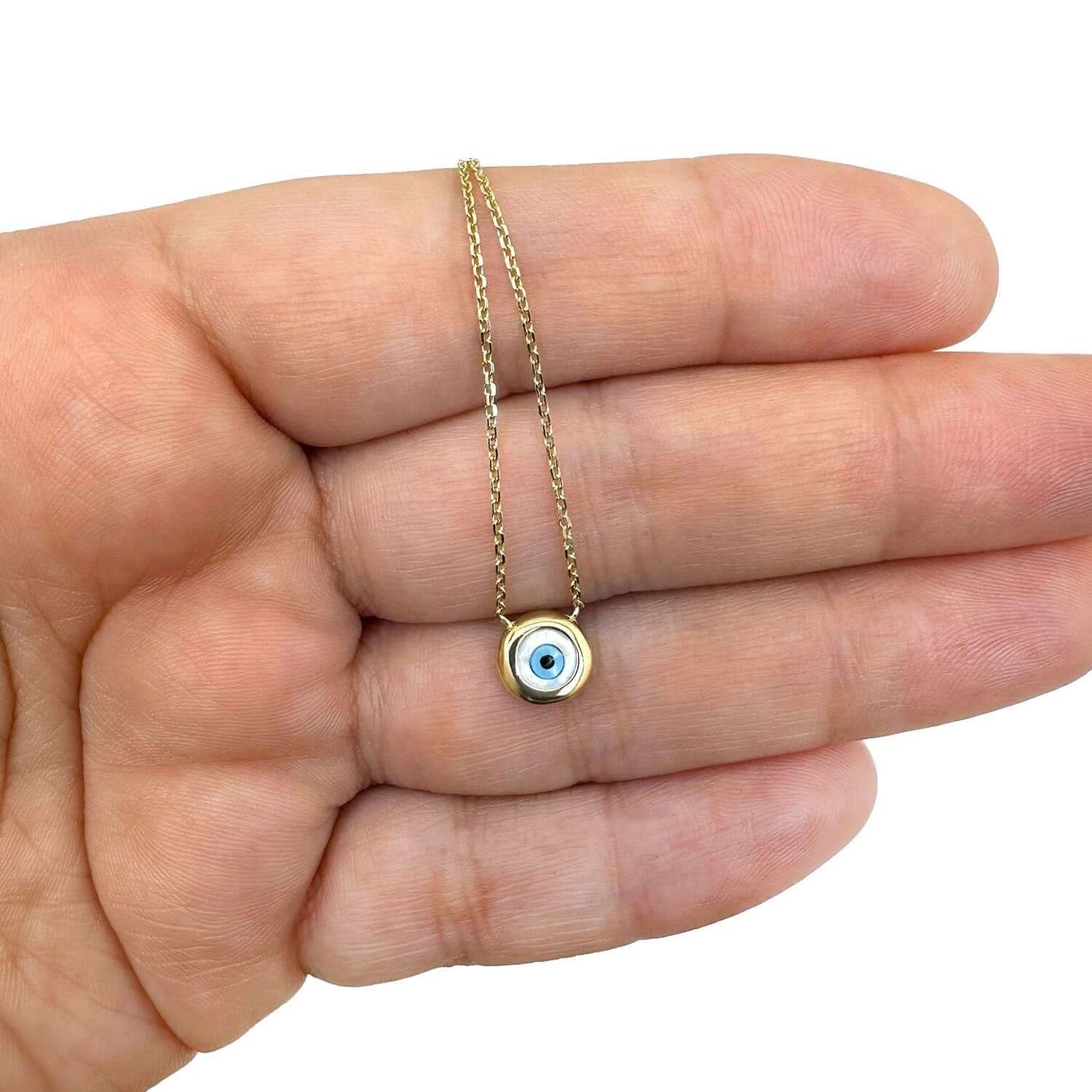 14K Real Gold Round Halo Cultured Pearl Evil Eye Pendant Necklace 16"-18" Adju