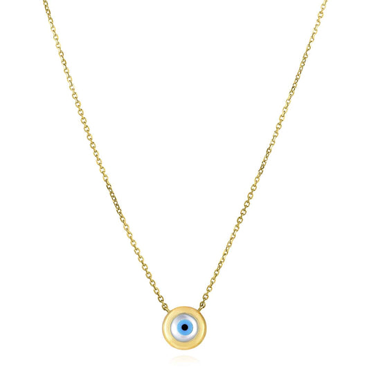 14K Yellow Gold Round Halo Cultured Pearl Evil Eye Necklace (Solid Links) 16"-18" Adjustable