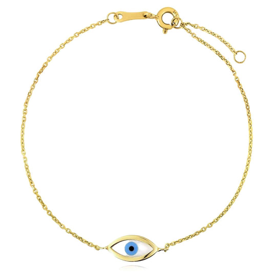 14K Yellow Gold Round Halo Cultured Pearl Evil Eye Bracelet (Solid Links) 6.25"-7" Adjustable