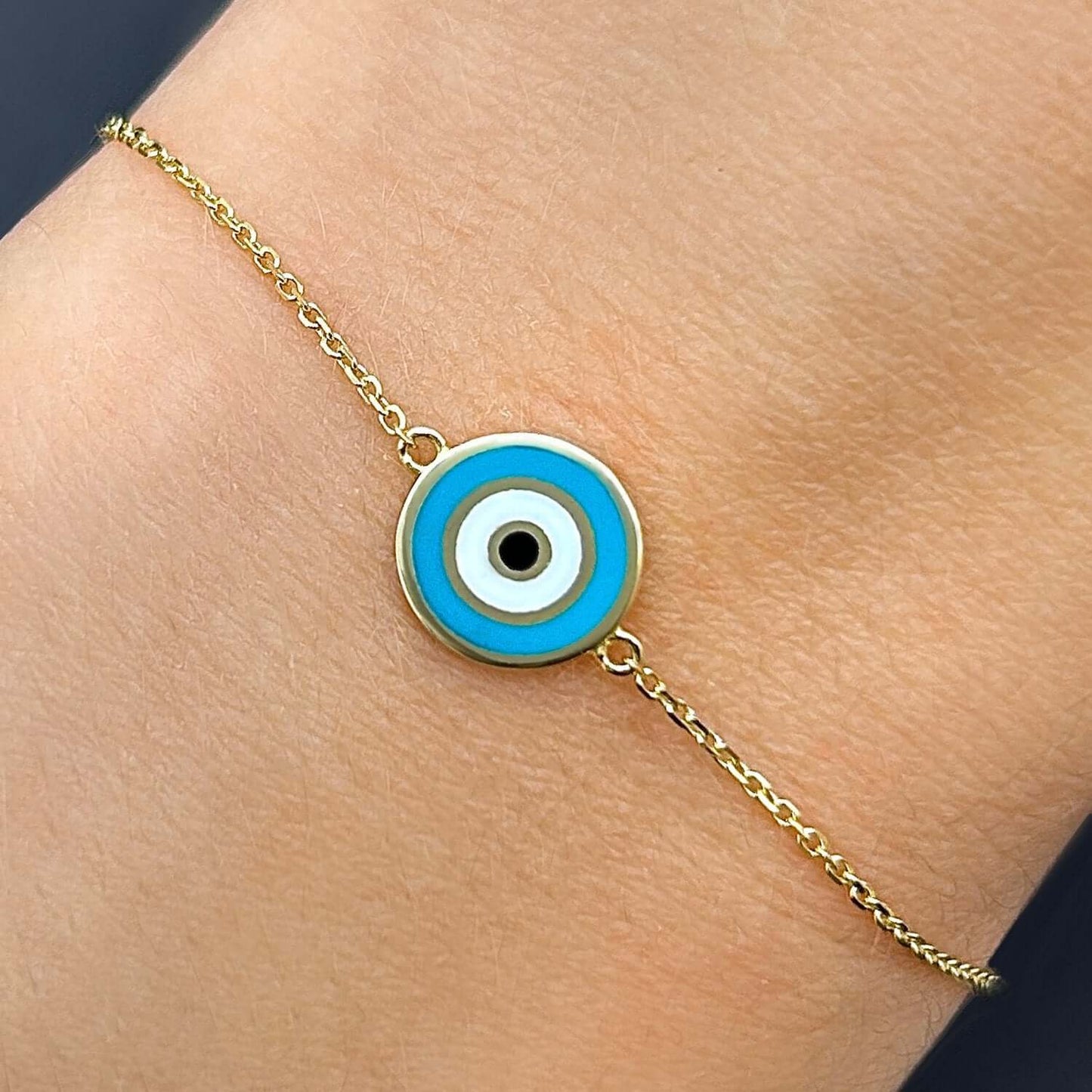 14K Real Gold Yellow Round Evil Eye Bracelet Pink Love Blue Serenity 6.25"-7" Adjust.