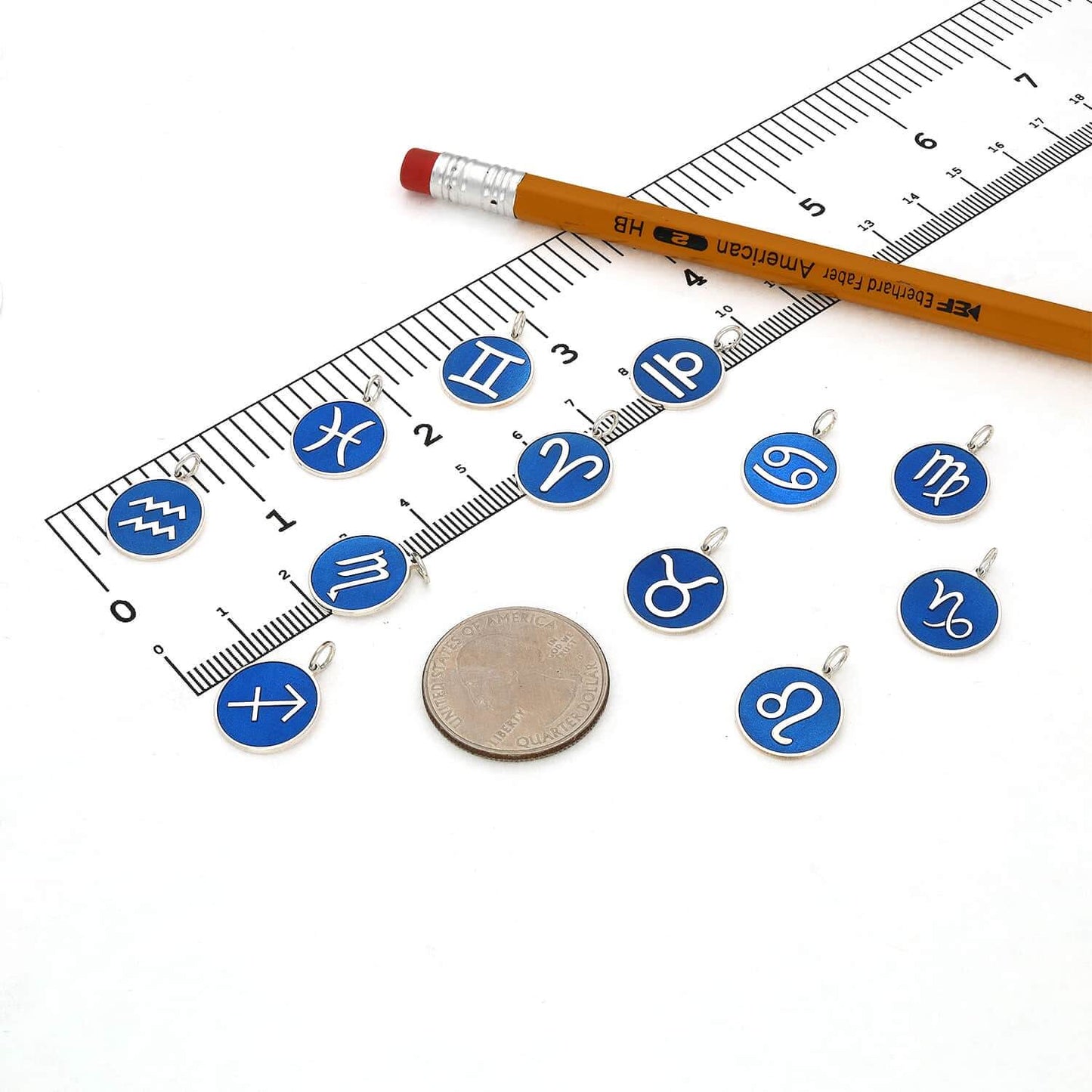 Sterling Silver Round Blue Zodiac Signs Pendant 0.7"