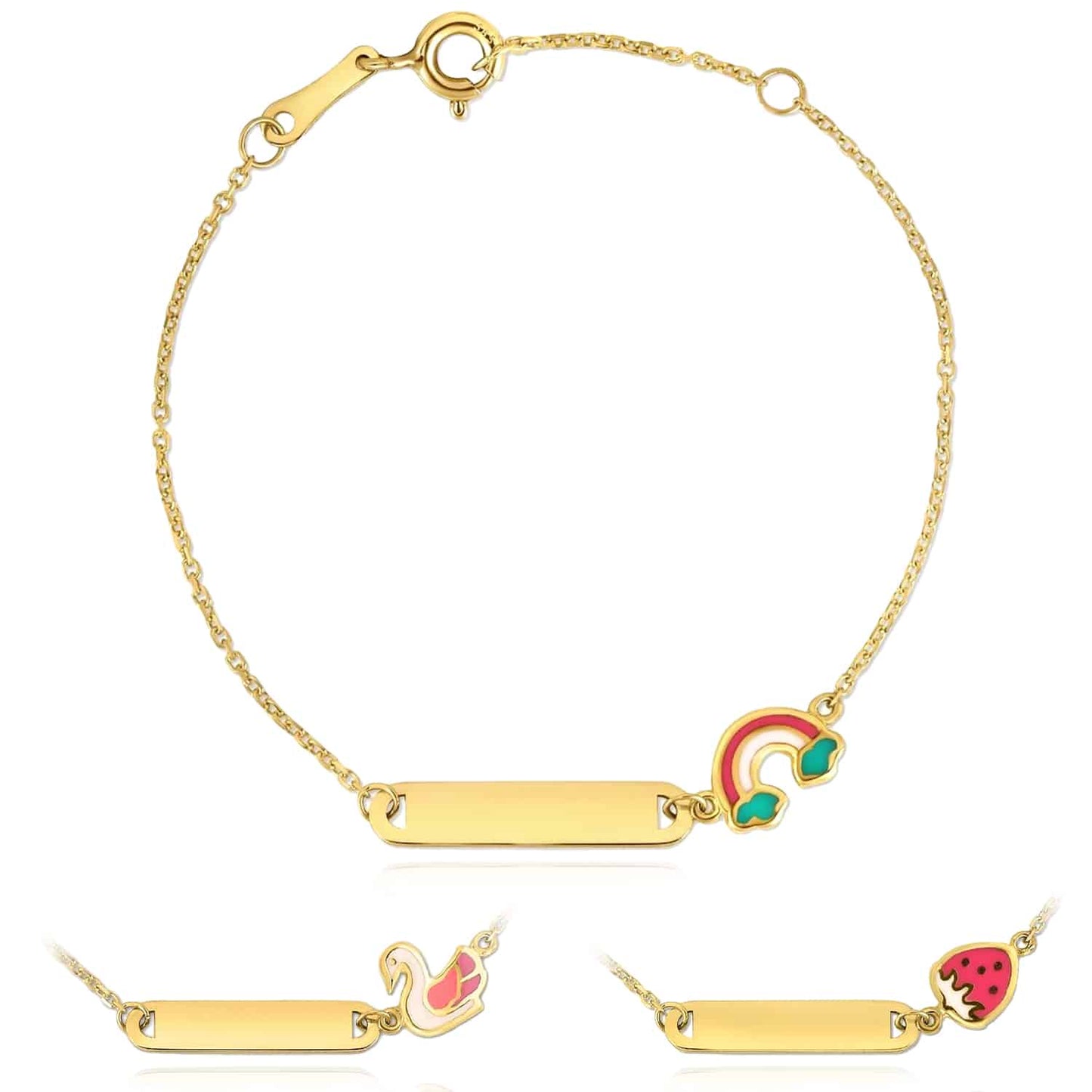 Kids 14K Real Gold Yellow Rainbow Swan Strawberry Engravable ID Bracelet 4.75"-5.5"