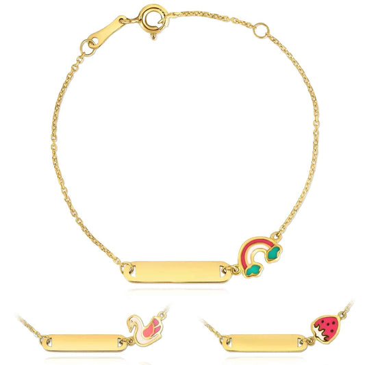 Kids 14K Yellow Gold Rainbow Swan Strawberry Engravable ID Bracelet (Solid Links) 4.75"-5.5"