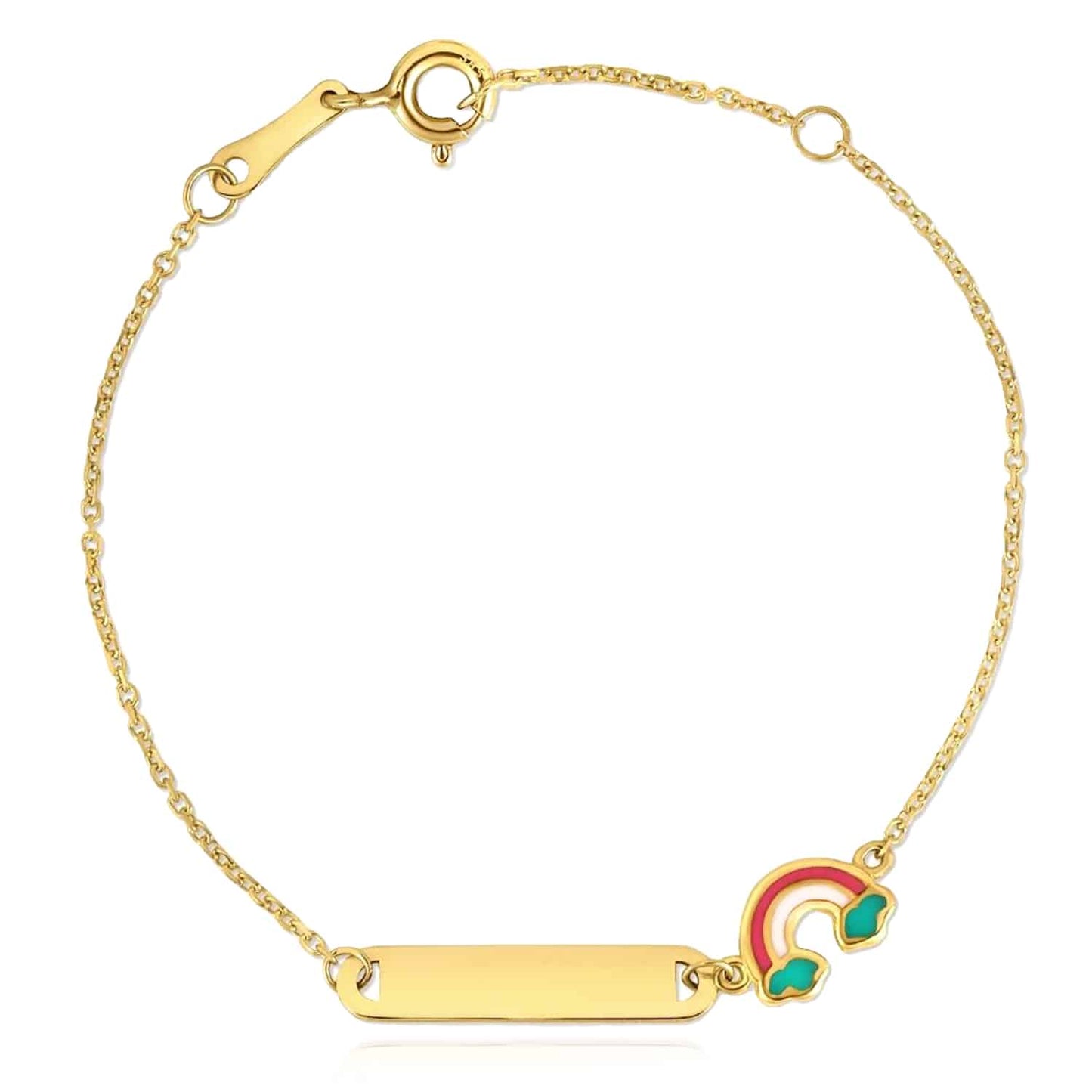 Kids 14K Real Gold Yellow Rainbow Swan Strawberry Engravable ID Bracelet 4.75"-5.5"