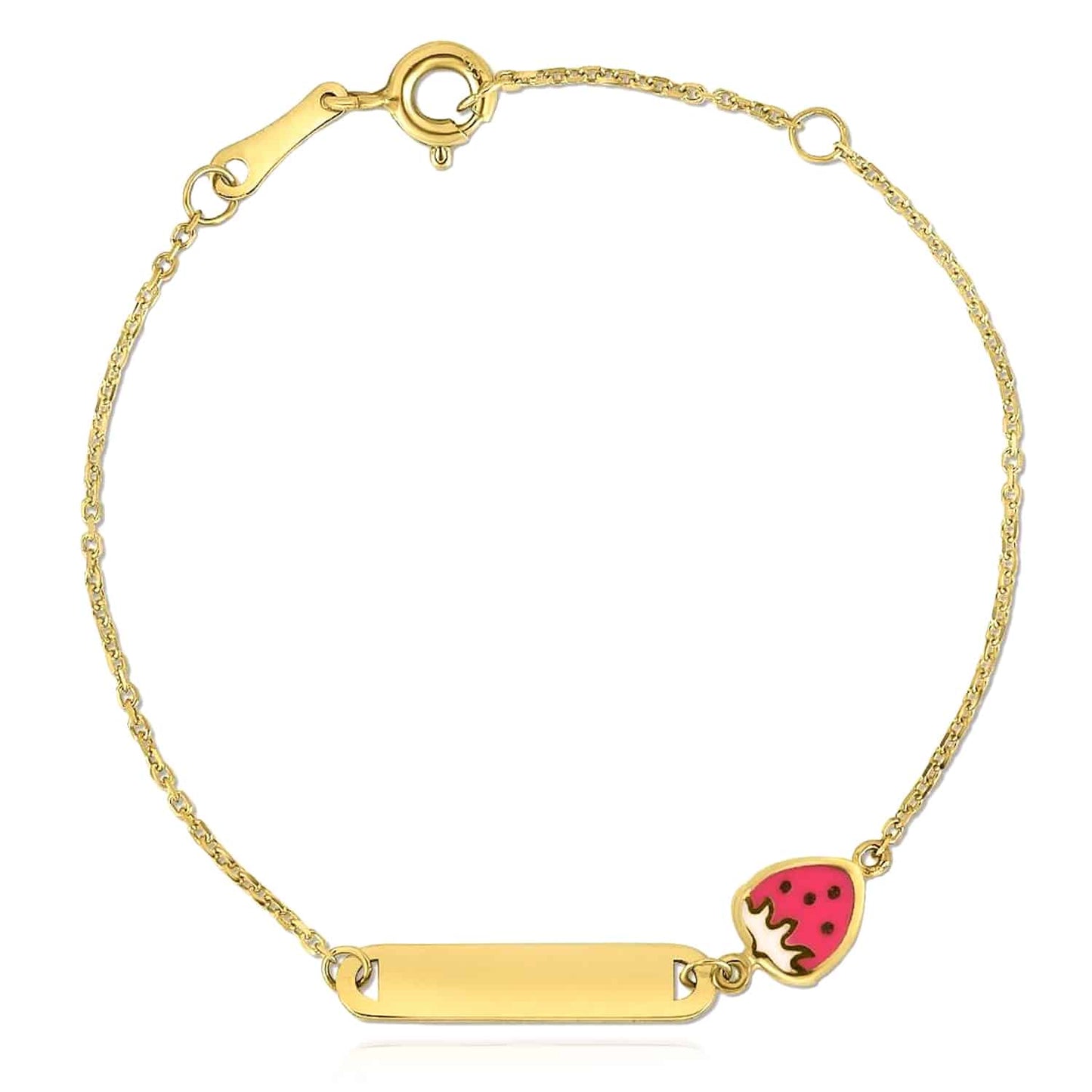 Kids 14K Real Gold Yellow Rainbow Swan Strawberry Engravable ID Bracelet 4.75"-5.5"