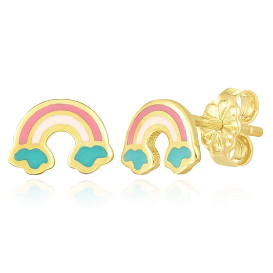 Kids 14K Gold Colorful Rainbow Push Back Stud Earrings 5.7mm