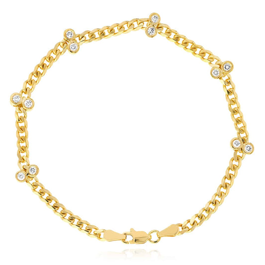 0.36CTW Natural Diamond 3.4mm 14K Yellow Gold Cuban Bracelet (Solid Links) 7.25"
