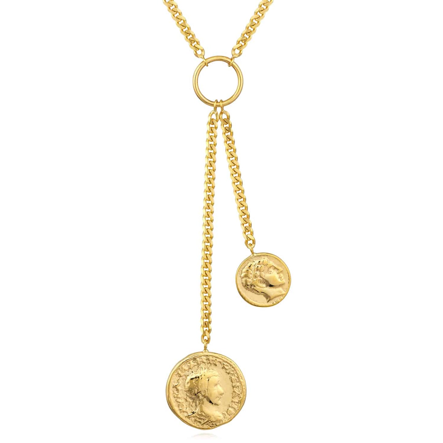 Solid 14K Real Gold Dual Coin Cuban Necklace 16"-18" Adjustable