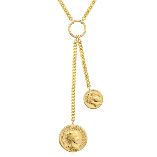 14K Yellow Gold Dual Coin Cuban Necklace (Solid Links) 16"-18" Adjustable