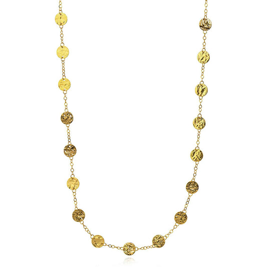 14K Yellow Gold 2mm Cable Textured Discs Charms Necklace (Solid Links) 36"