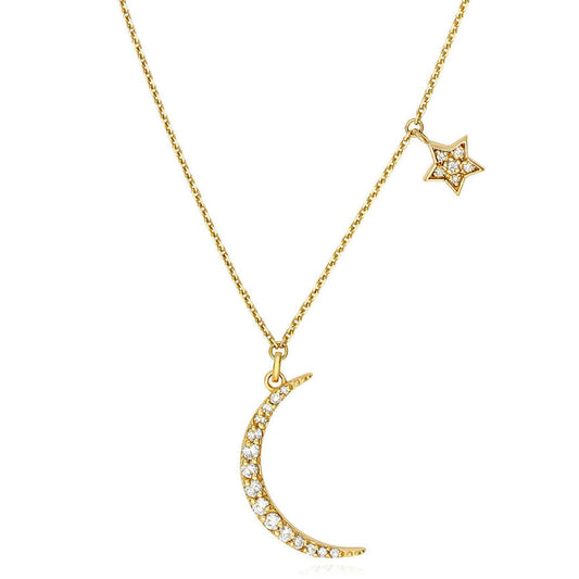 Natural Diamond 14K Yellow Gold Crescent Moon Star Charms Necklace (Solid Links) 16"-18" Adjustable
