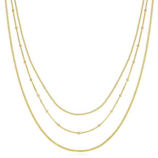 14K Yellow Gold Triple-Strand Cuban Curb Saturn Rolo Necklace (Solid Links) 16"-18" Adjustable