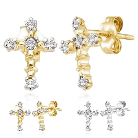 0.05CTW Natural Diamond 10K Gold Yellow White Cross Stud Earrings 10mm