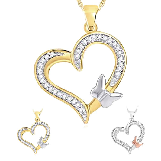 0.10CTW Natural Diamond 10K Gold Yellow White Rose Butterfly Heart Pendant 0.9"
