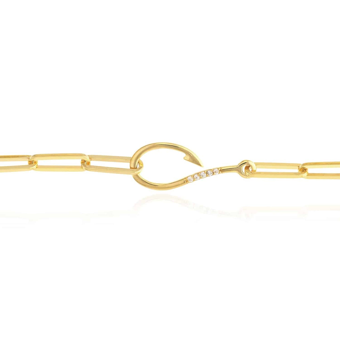 0.03CTW Real Diamond 14K Real Gold Yellow Fish Hook Paperclip Bracelet 7.5"