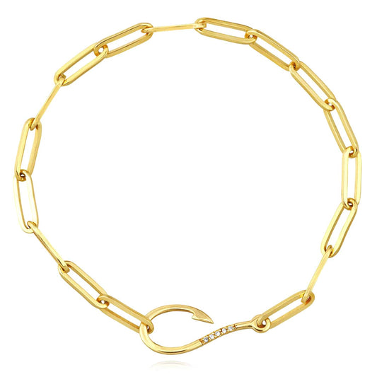0.03CTW Natural Diamond 14K Yellow Gold Fish Hook Paperclip Bracelet (Hollow) 7.5"