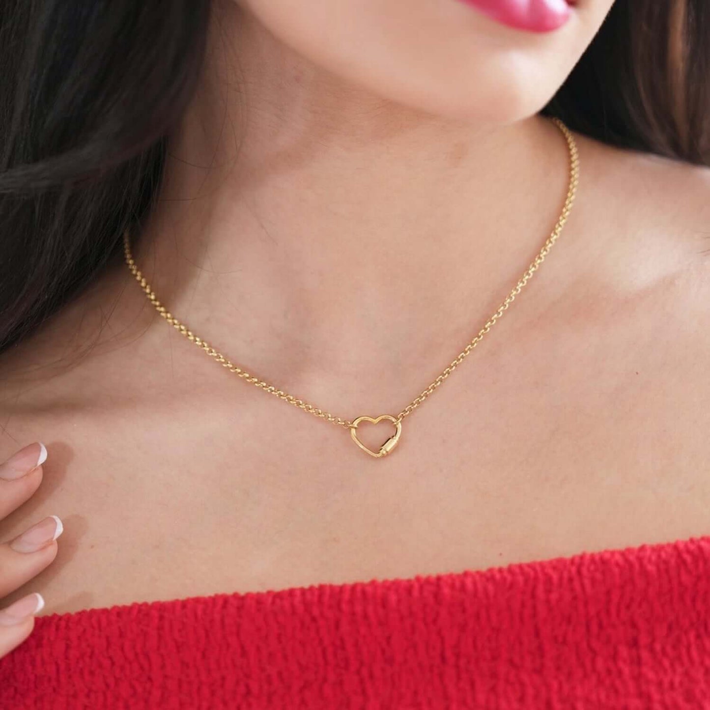14K Real Gold Carabiner Heart Pendant Rolo Necklace 18"