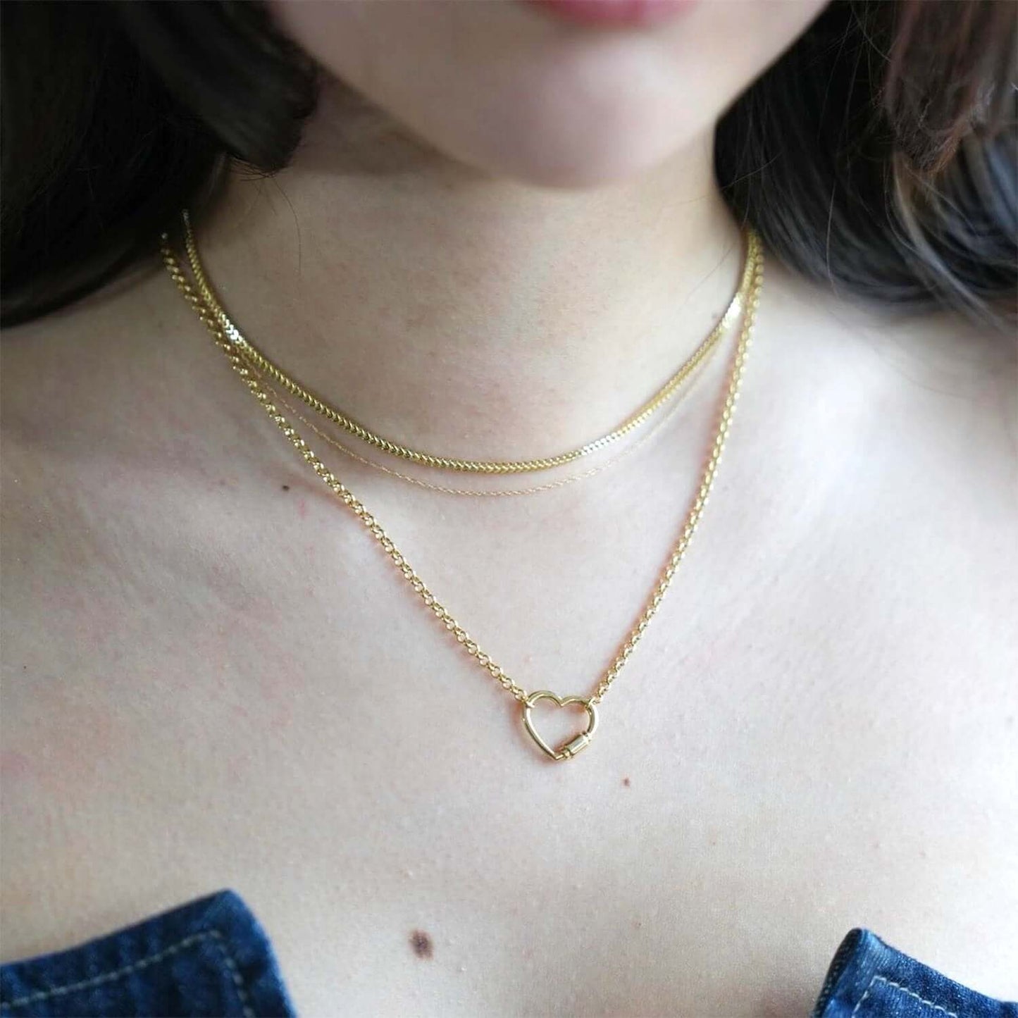 14K Real Gold Carabiner Heart Pendant Rolo Necklace 18"