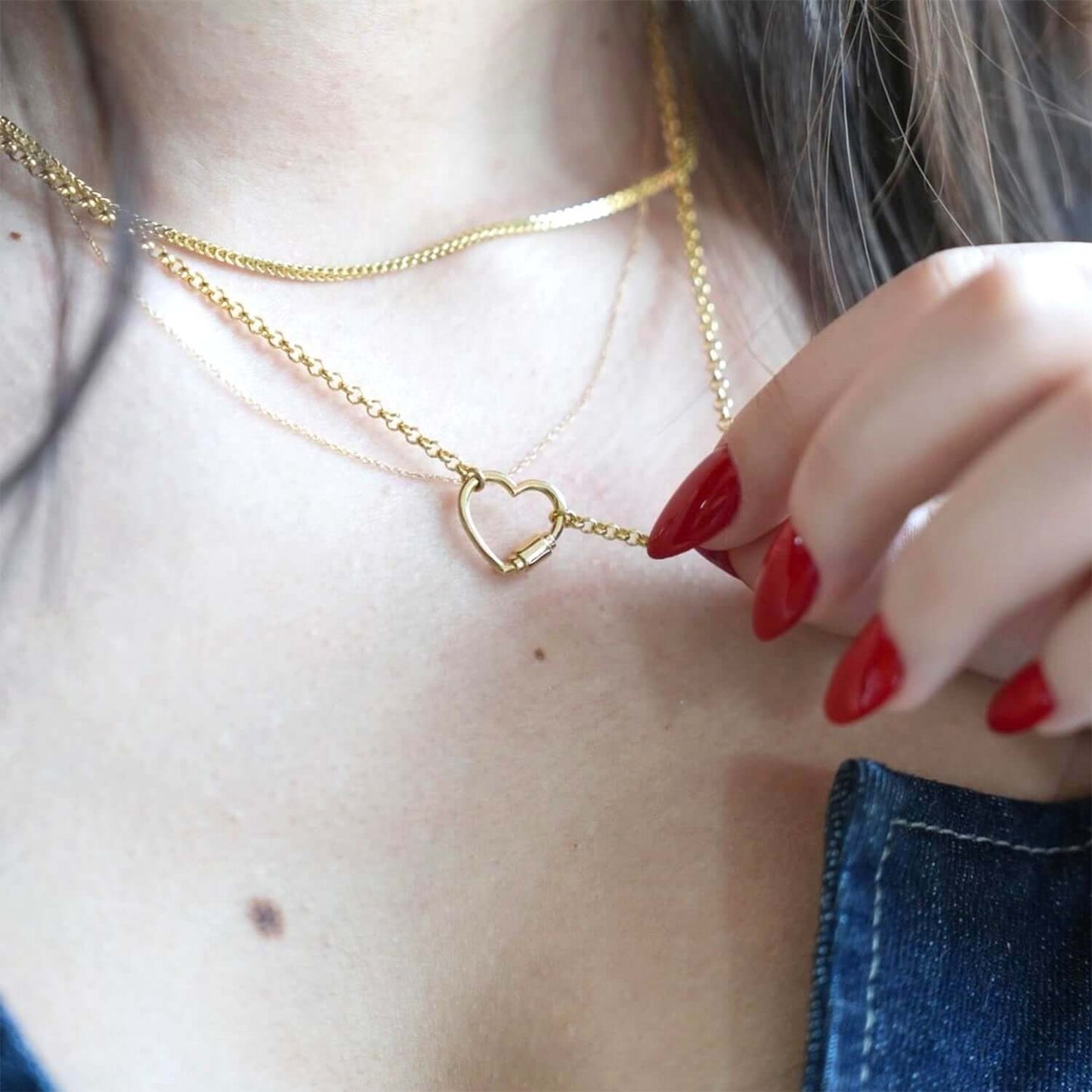 14K Real Gold Carabiner Heart Pendant Rolo Necklace 18"