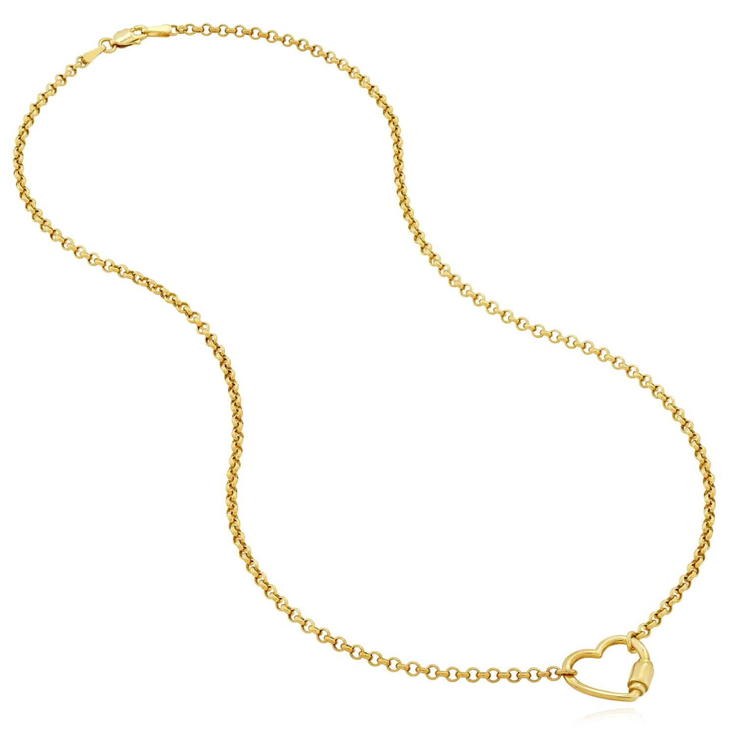 14K Real Gold Carabiner Heart Pendant Rolo Necklace 18"