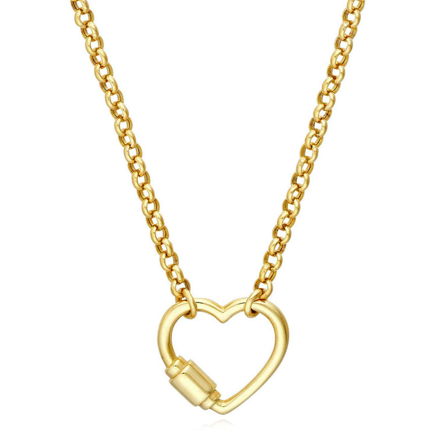 14K Real Gold Carabiner Heart Pendant Rolo Necklace 18"