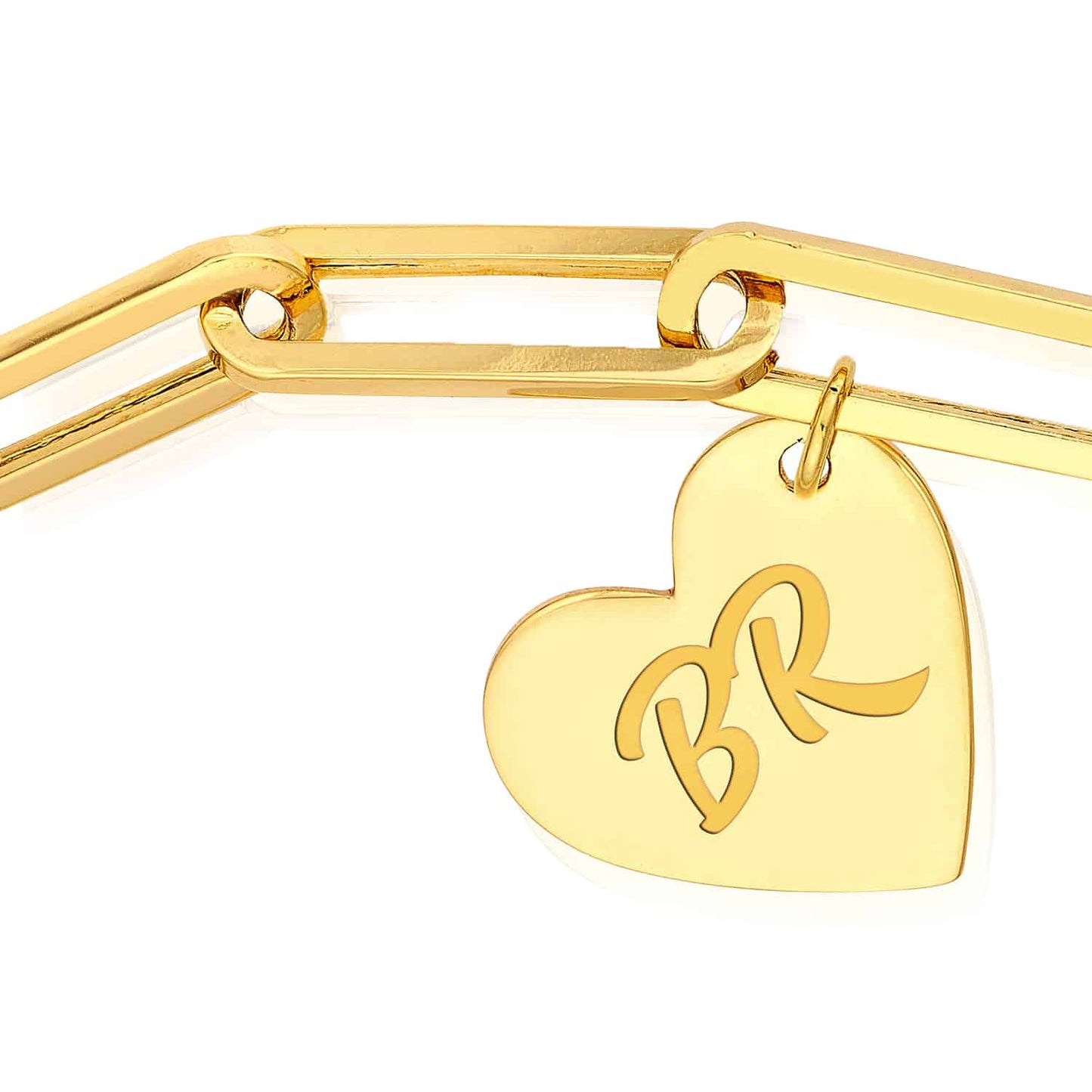 14K Real Gold Yellow Paperclip Heart Charm Bracelet 7.5"
