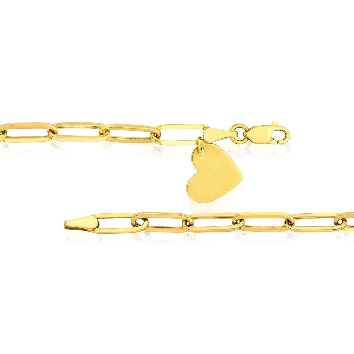 14K Real Gold Yellow Paperclip Heart Charm Bracelet 7.5"