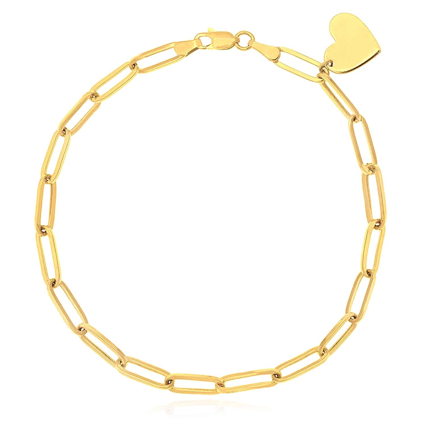 14K Real Gold Yellow Paperclip Heart Charm Bracelet 7.5"