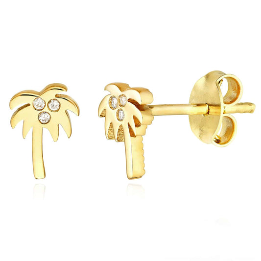 0.02CTW Natural Diamond 14K Gold Palm Tree Stud Push Back Earrings 8mm