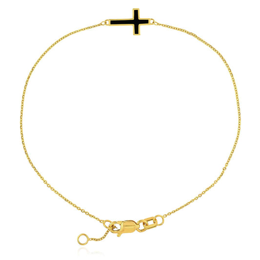 14K Yellow Gold Cable Sideways Cross Bracelet (Solid Links) 7"-7.5" Adjustable