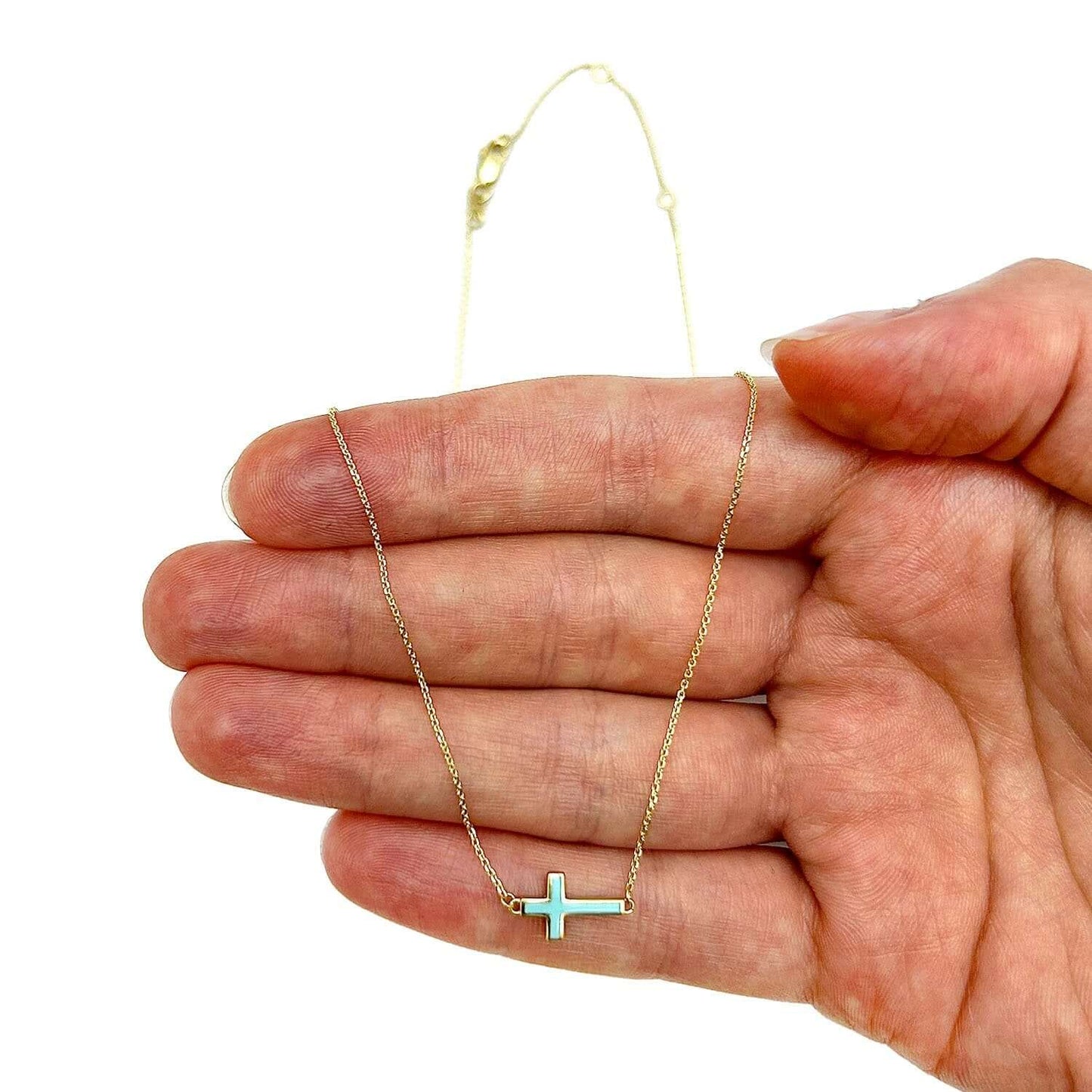 14K Real Gold White Black Turquoise Sideways Cross Pendant Necklace 16-18" Adj