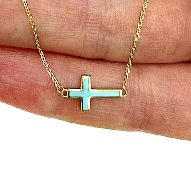 14K Real Gold White Black Turquoise Sideways Cross Pendant Necklace 16-18" Adj