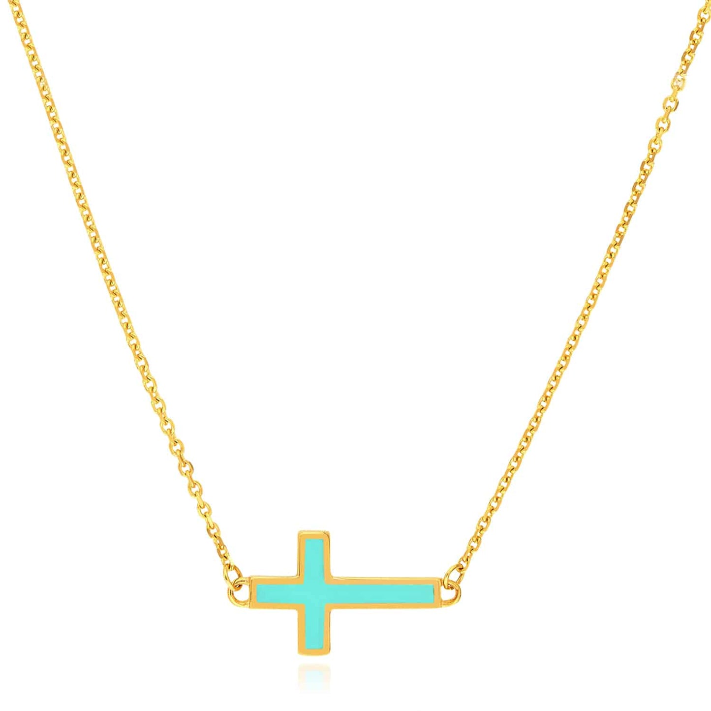 14K Real Gold White Black Turquoise Sideways Cross Pendant Necklace 16-18" Adj