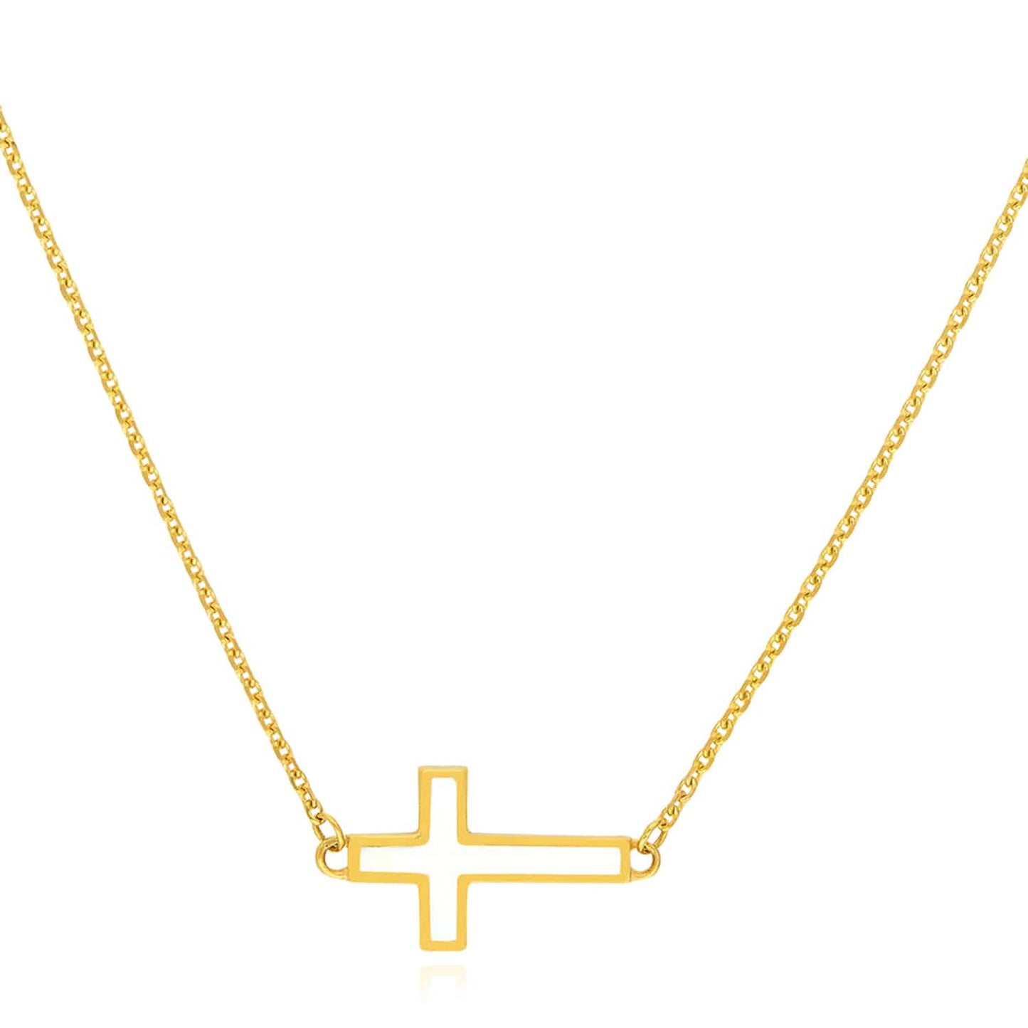 14K Real Gold White Black Turquoise Sideways Cross Pendant Necklace 16-18" Adj