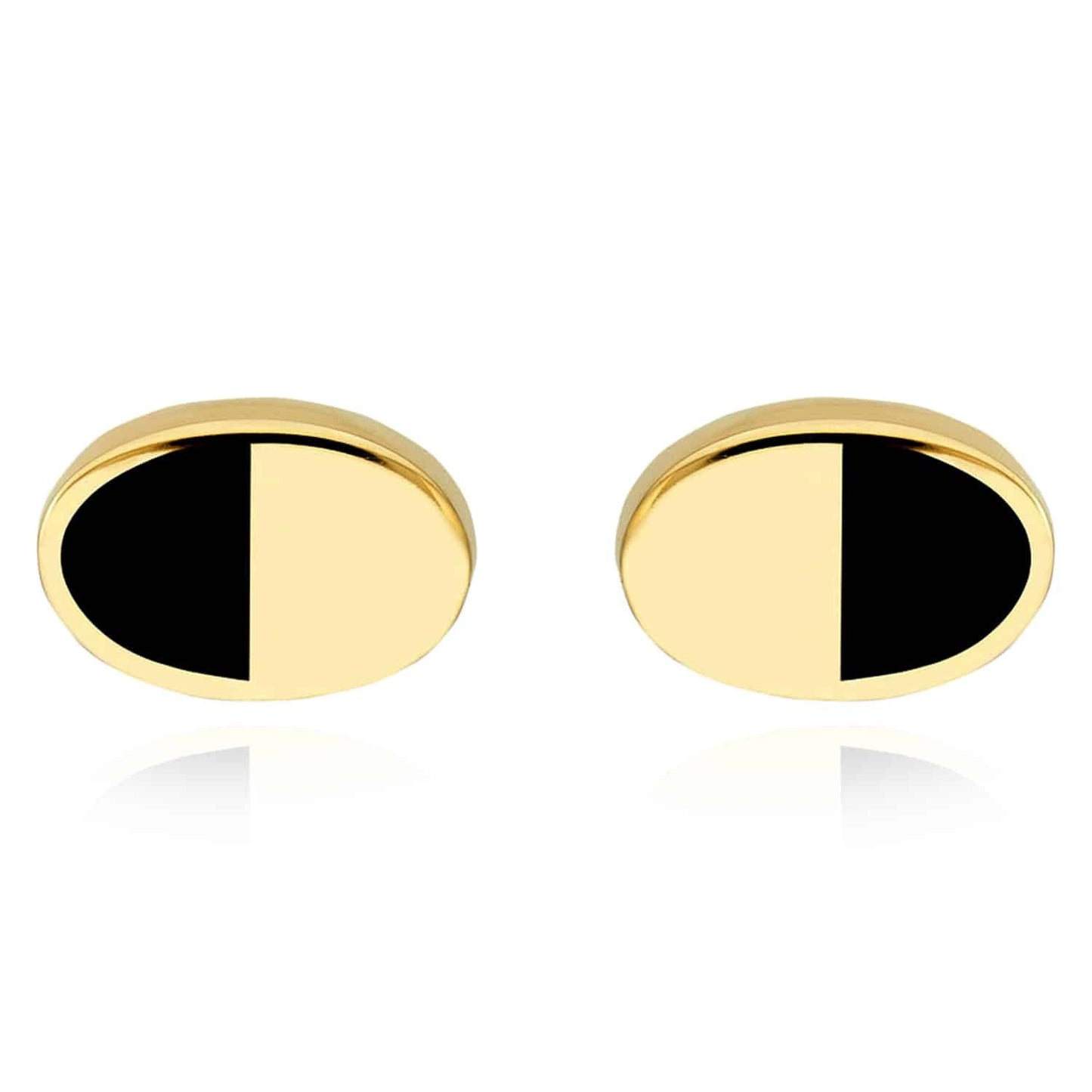 14K Real Gold Oval Black Onyx Split Design Stud Earrings 6mm