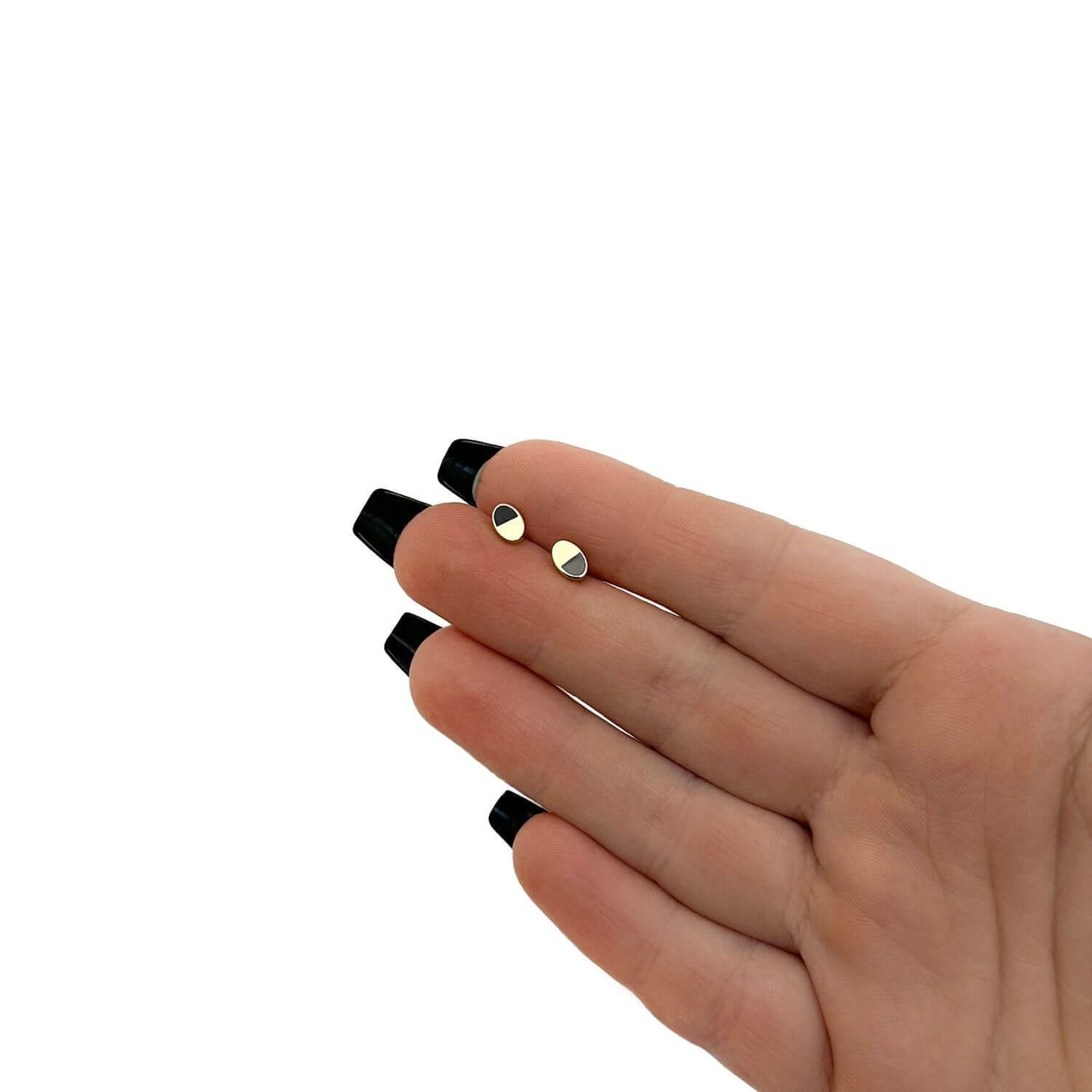 14K Real Gold Oval Black Onyx Split Design Stud Earrings 6mm