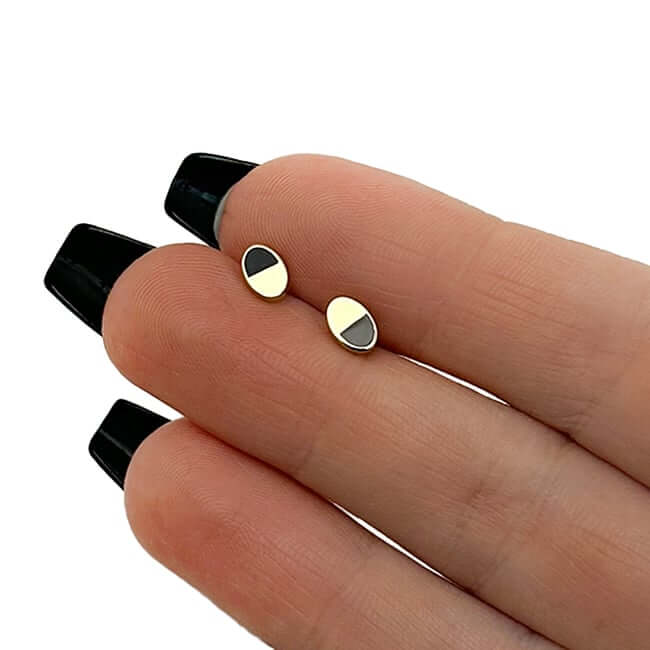 14K Gold Oval Black Onyx Split Design Stud Earrings 6mm