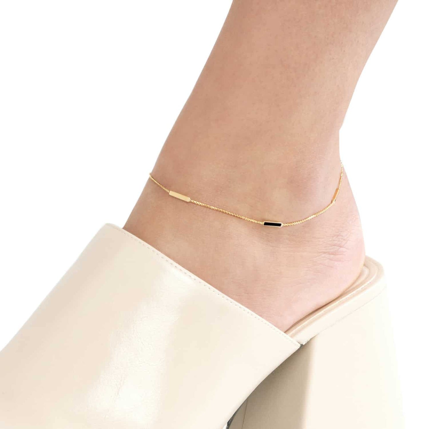 14K Real Gold Yellow Alternating Black Pink Turquoise Bar Cable Anklet 9"-10" Adjust.