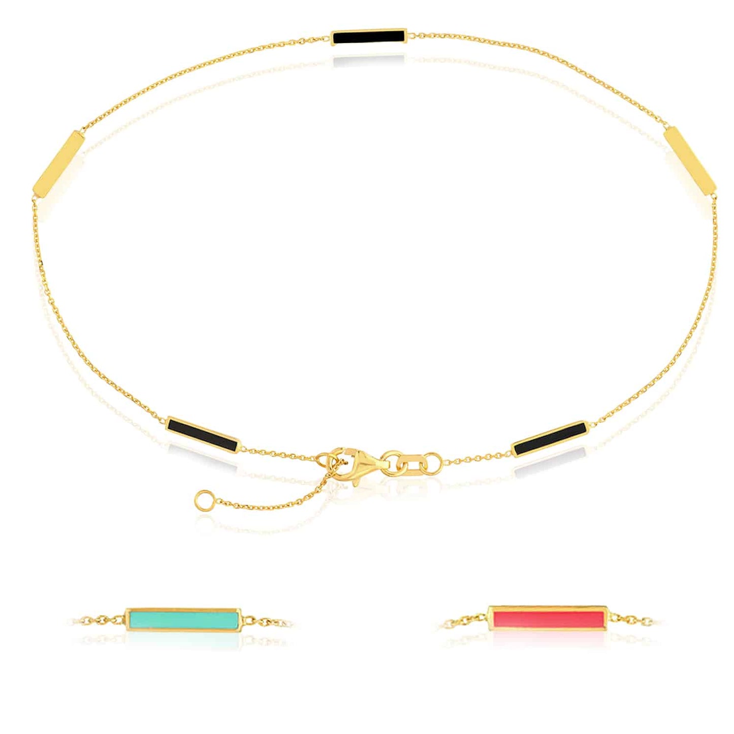 14K Real Gold Yellow Alternating Black Pink Turquoise Bar Cable Anklet 9"-10" Adjust.