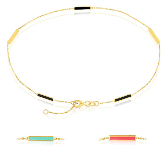 14K Yellow Gold Alternating Black Pink Turquoise Bar Cable Anklet (Solid Links) 9"-10" Adjustable