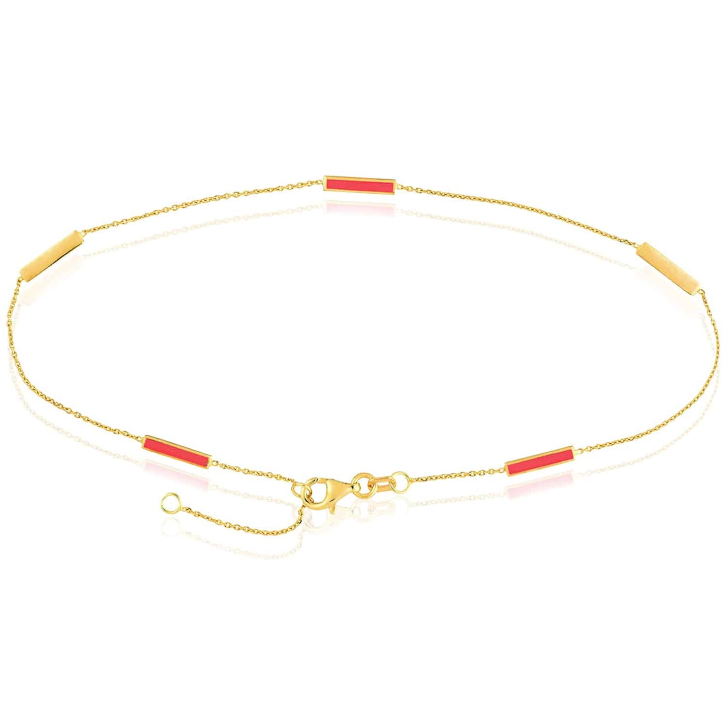 14K Real Gold Yellow Alternating Black Pink Turquoise Bar Cable Anklet 9"-10" Adjust.