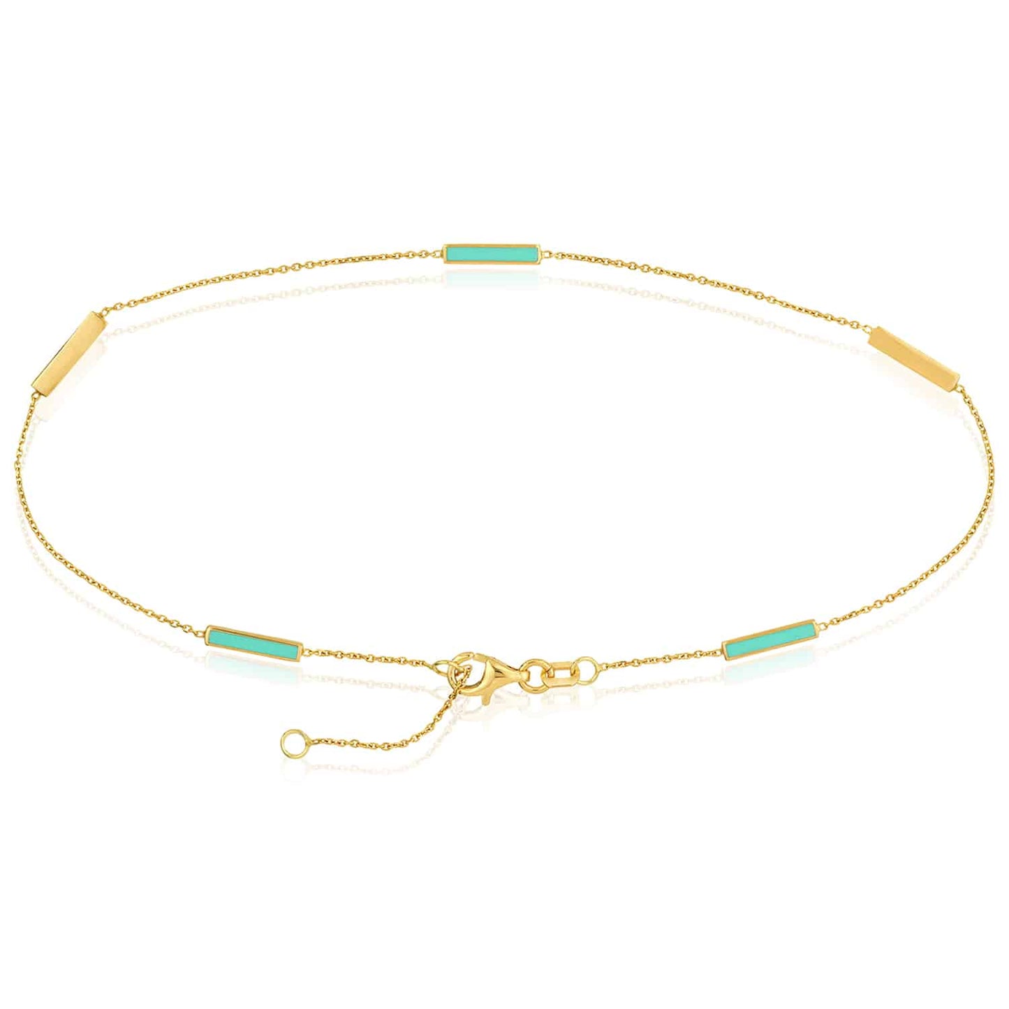 14K Real Gold Yellow Alternating Black Pink Turquoise Bar Cable Anklet 9"-10" Adjust.