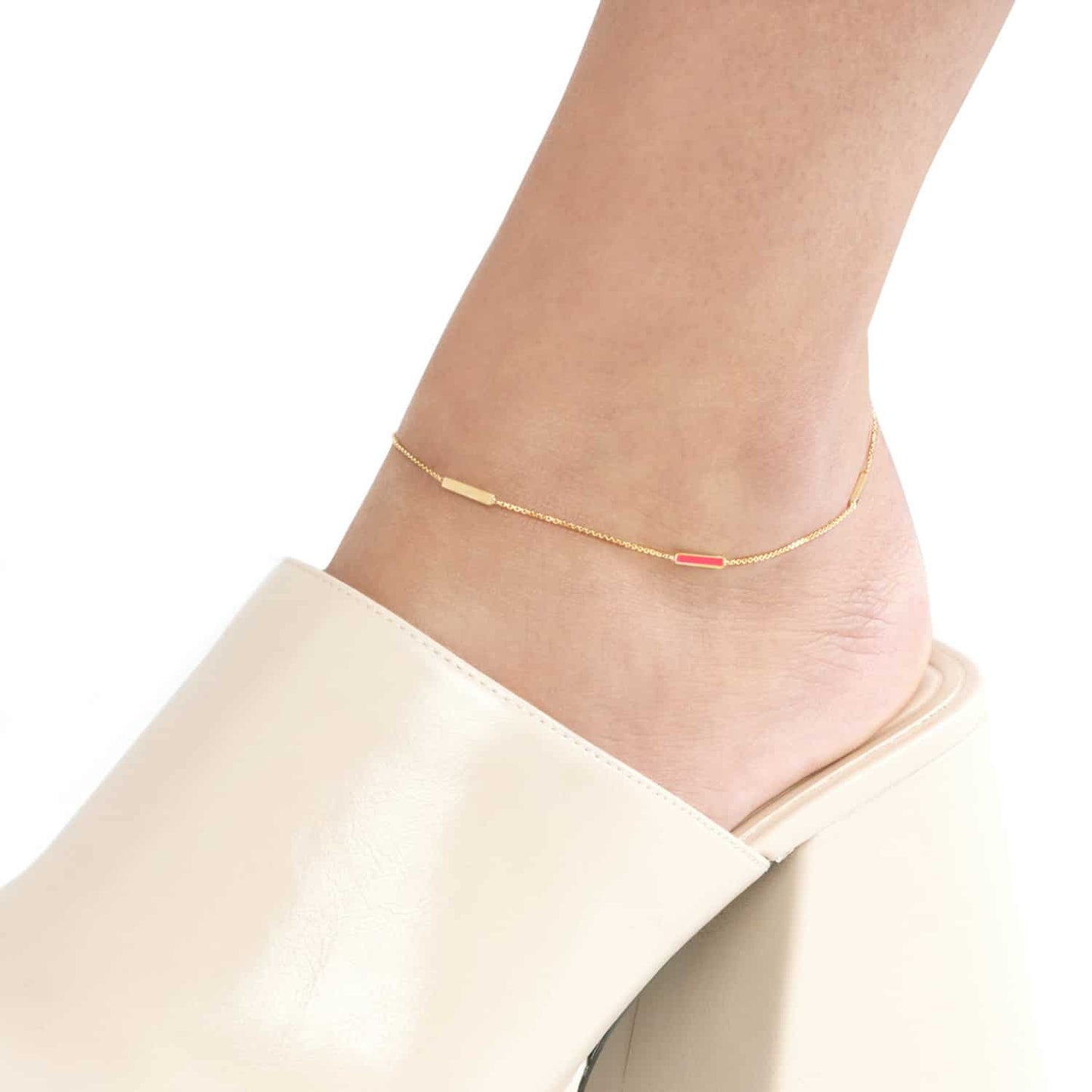 14K Real Gold Yellow Alternating Black Pink Turquoise Bar Cable Anklet 9"-10" Adjust.