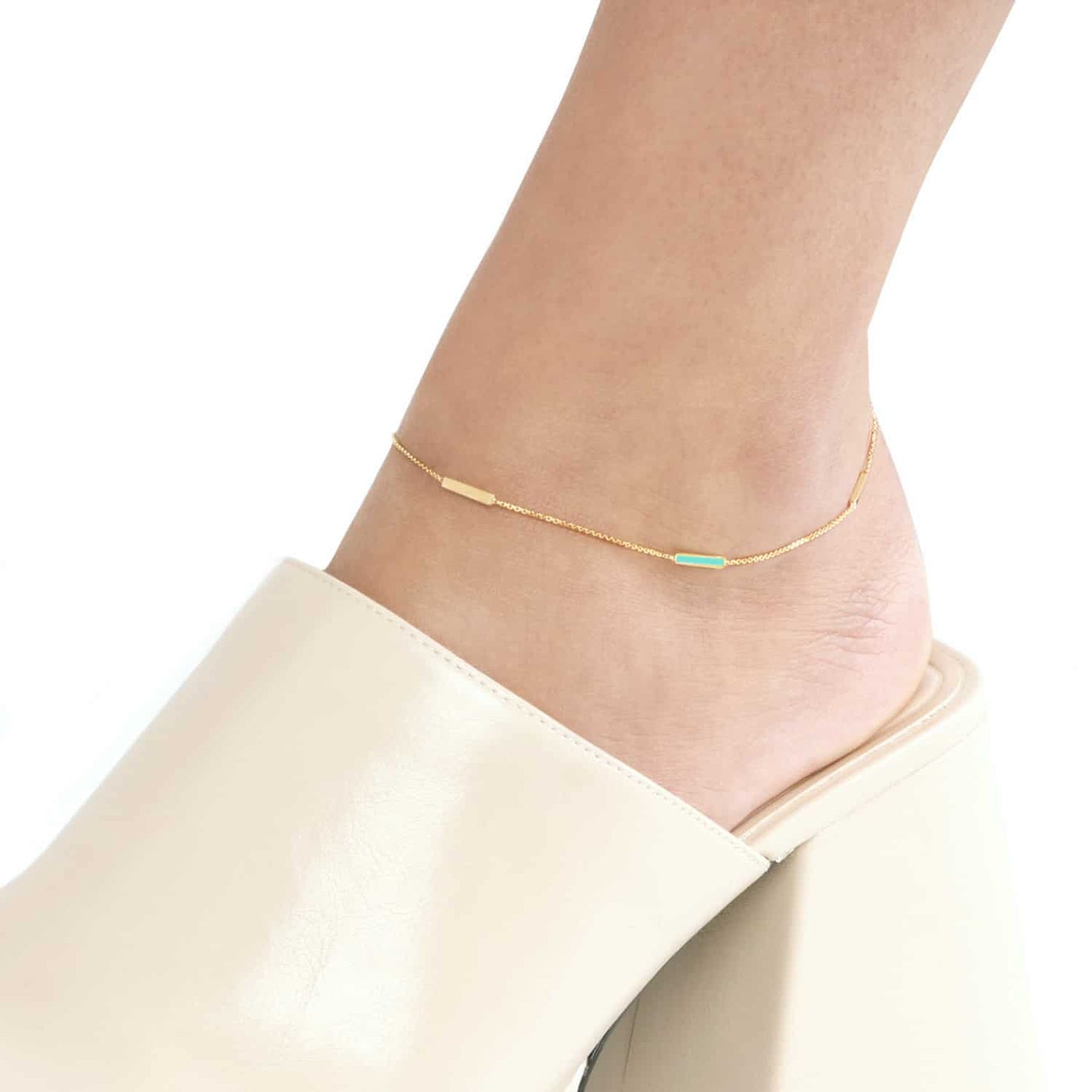 14K Real Gold Yellow Alternating Black Pink Turquoise Bar Cable Anklet 9"-10" Adjust.