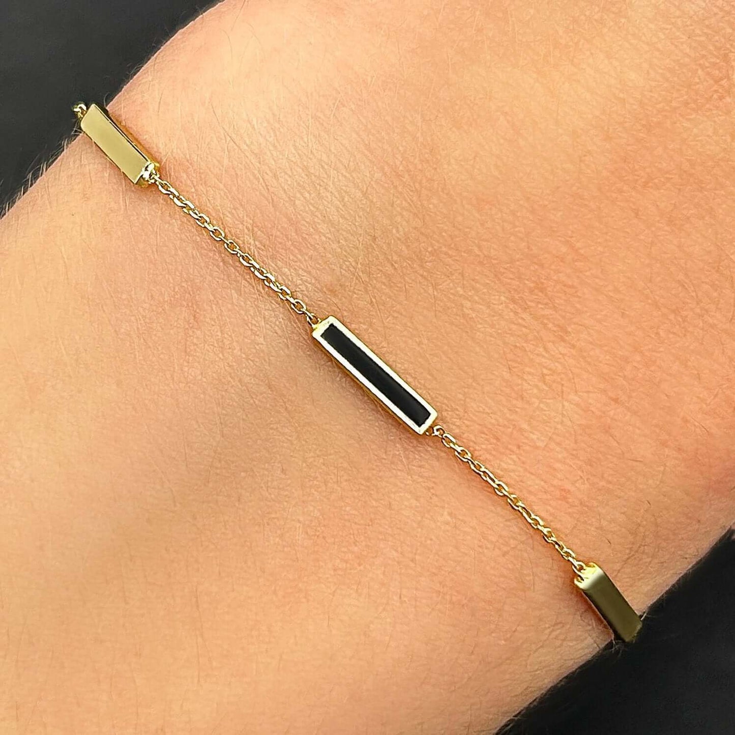 14K Real Gold Yellow Minimalist Alternating Black Bar Bracelet 6.25"-7.25" Adjustable